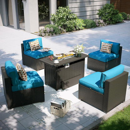 Patio Furniture Set with Fire Pit Table, 5 Piece Outdoor Sectional Sofas, Wicker Rattan Outdoor Furniture with Thickened Cushion for Backyard, Garden Peacock Blue