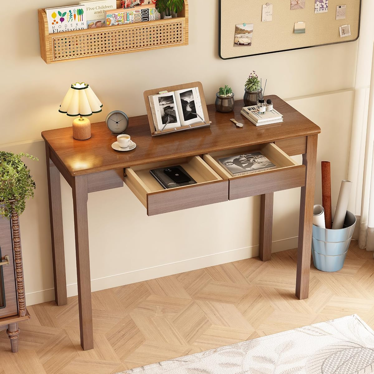 Solid Wooden Desk with Drawers, 39 x 16 Inch Narrow Desks