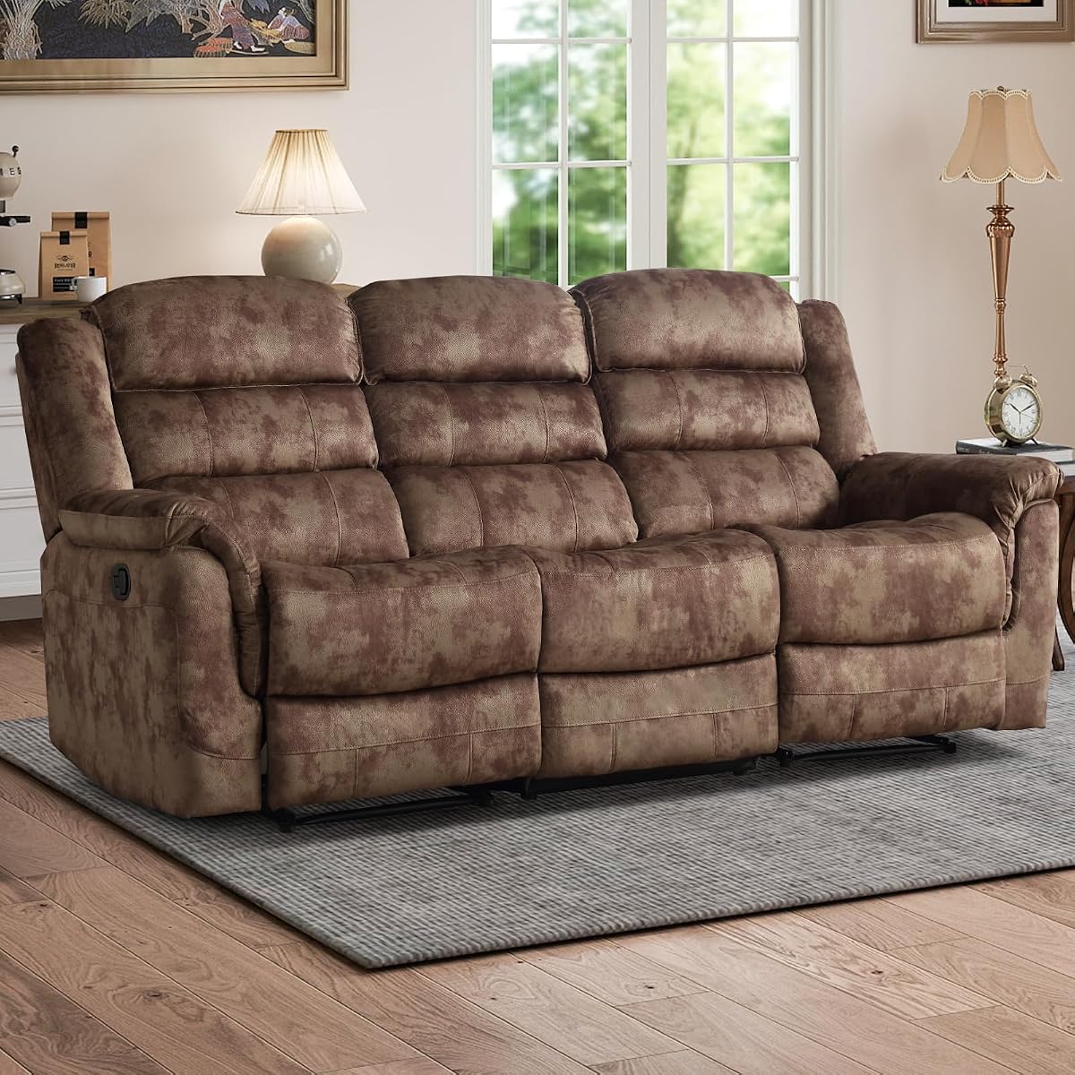 Reclining Sofa for Living Room, Extra Wide Modern Overstuffed 3 Seat Recliner Manual Sofa Chair, Breathable Soft Fabric and Padded Seat, Brown