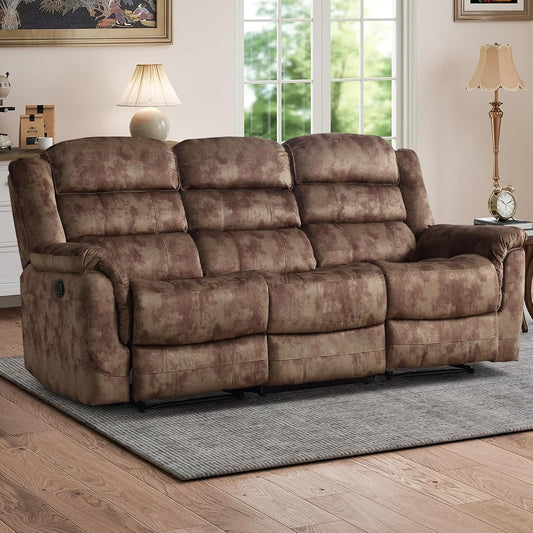 Reclining Sofa for Living Room, Extra Wide Modern Overstuffed 3 Seat Recliner Manual Sofa Chair, Breathable Soft Fabric and Padded Seat, Brown