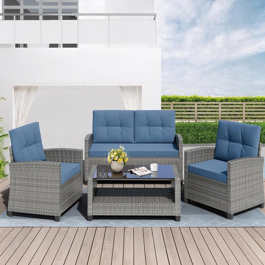 4 Piece Patio Furniture Set, Outdoor Rattan Conversation Set with Coffee Table, Outside Wicker Sectional Sofa Couch with Cushion, Gray and Blue