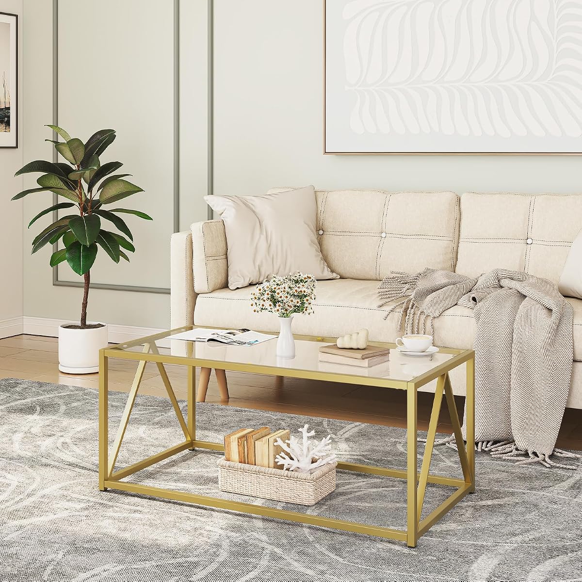 Glass Coffee Table, Gold Coffee Tables for Living Room, Gold Glass Coffee Table,1 Layer Center Table, Modern, for Apartment, Office, 39.4 x 19.7 x 17.7 Inches, Easy Assembly, Golden GD04KF01