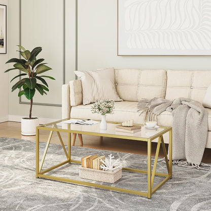 Glass Coffee Table, Gold Coffee Tables for Living Room, Gold Glass Coffee Table,1 Layer Center Table, Modern, for Apartment, Office, 39.4 x 19.7 x 17.7 Inches, Easy Assembly, Golden GD04KF01