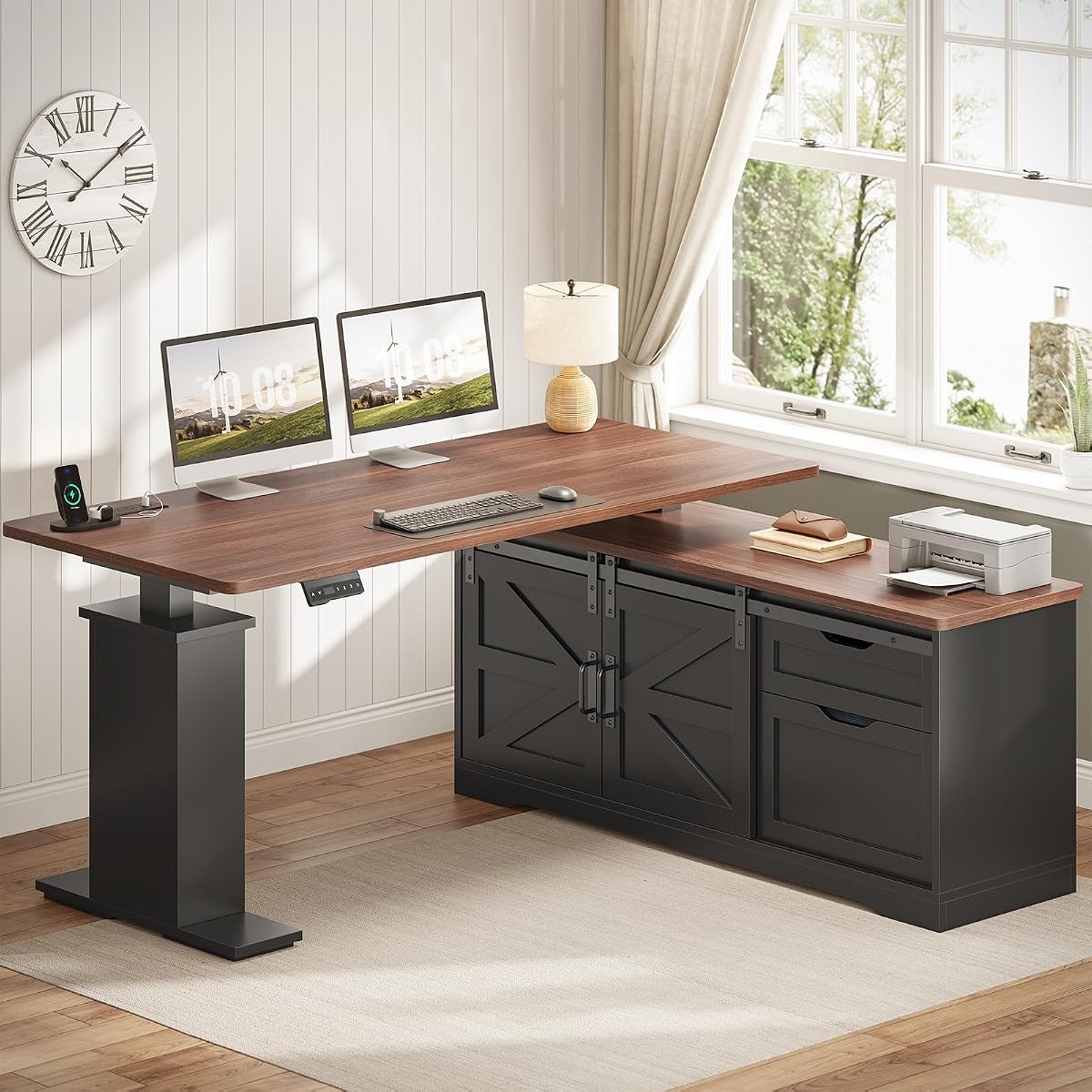 Farmhouse 55 inch L Shaped Standing Desk with Storage Drawers