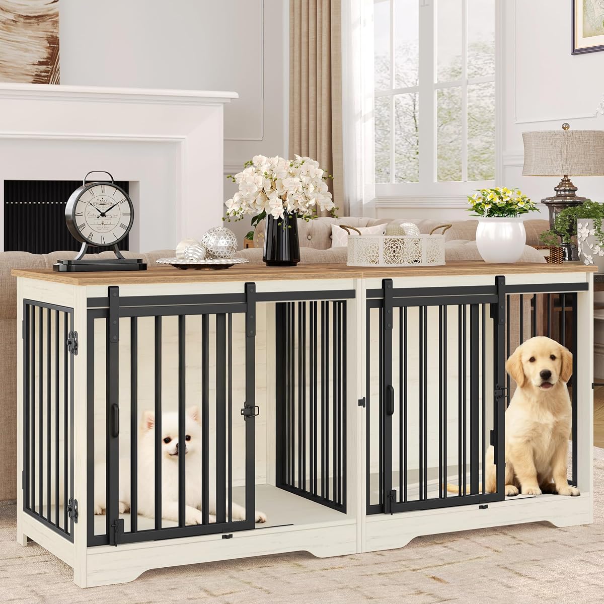 53.3" Dog Crate Furniture for 2 Dogs, Double Dog Cage with Divider, Wooden Heavy Duty Dogs Kennel, Pet Cage with Barn Door, TV Stand for Large Small Medium Pet, White Brown DFC88314B