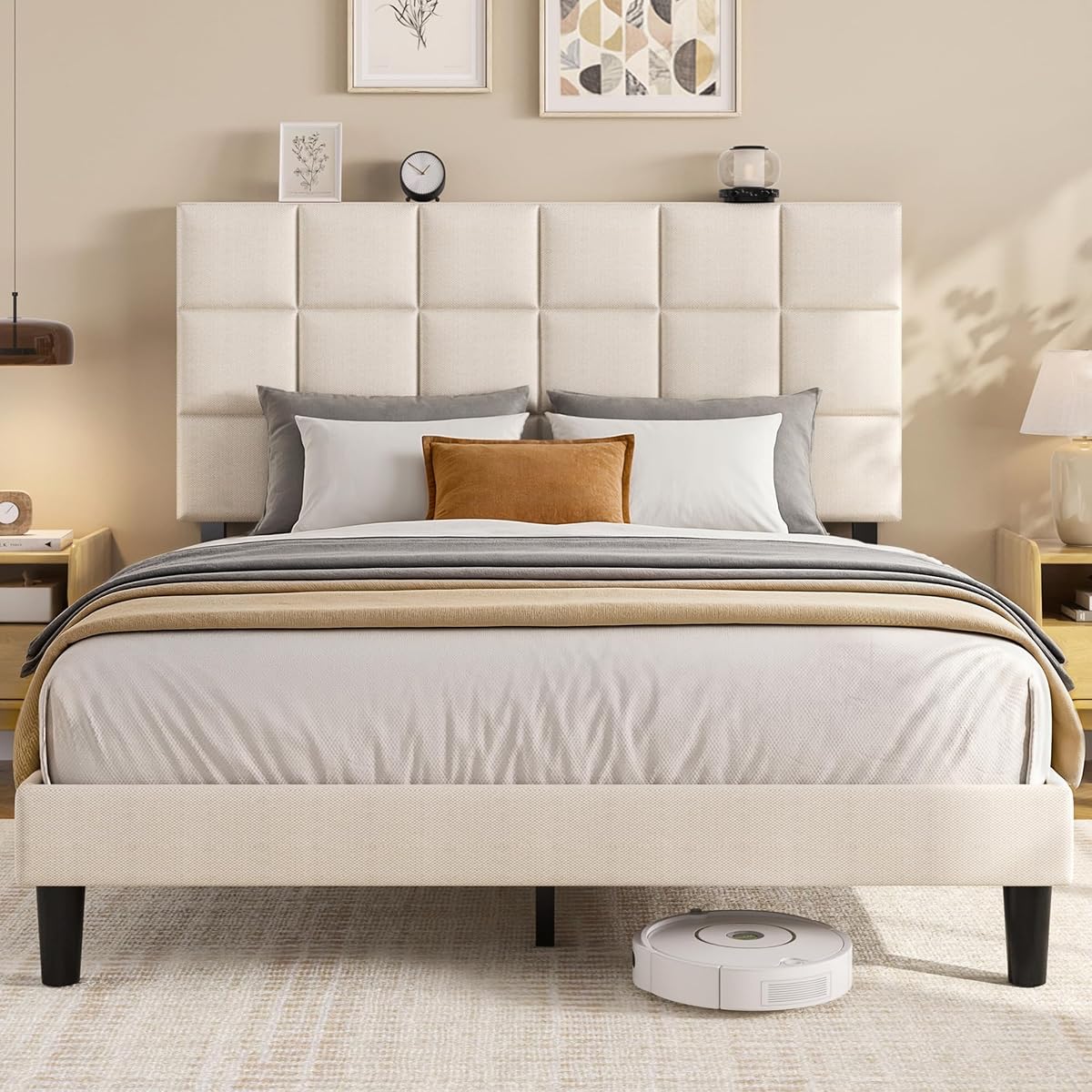 Queen Platform Bed Frame with Upholstered Adjustable Headboard