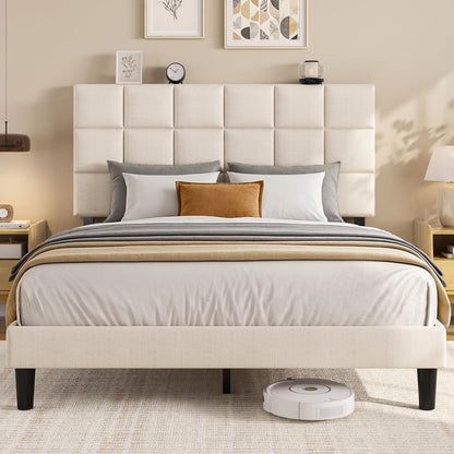Queen Platform Bed Frame with Upholstered Adjustable Headboard