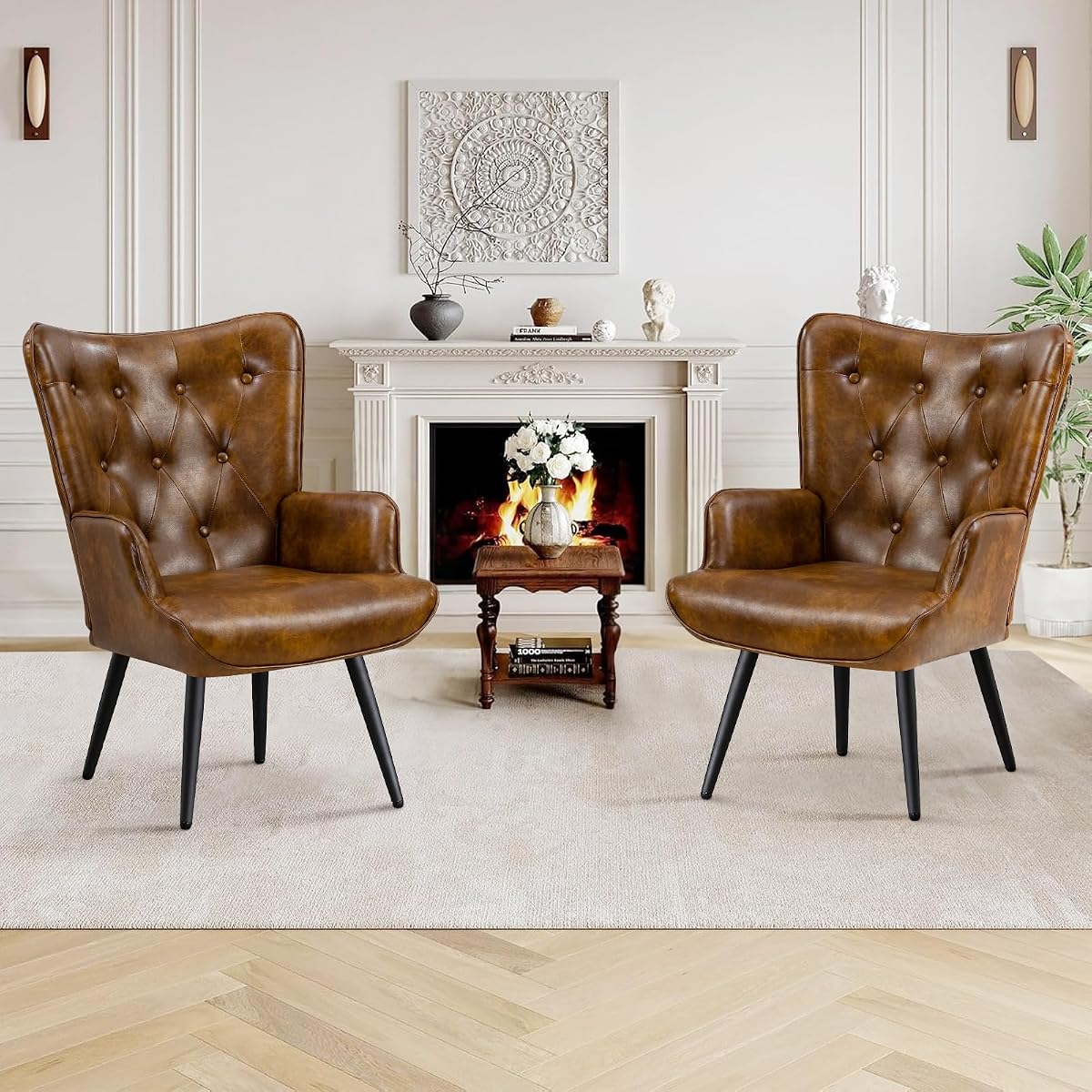 PU Leather Accent Chair for Living Room, Upholstered Reading Chair with High Backrest, Tufted-Button Wingback Armchair for Bedroom, Dressing Room, Home Office, Brown, Set of 2