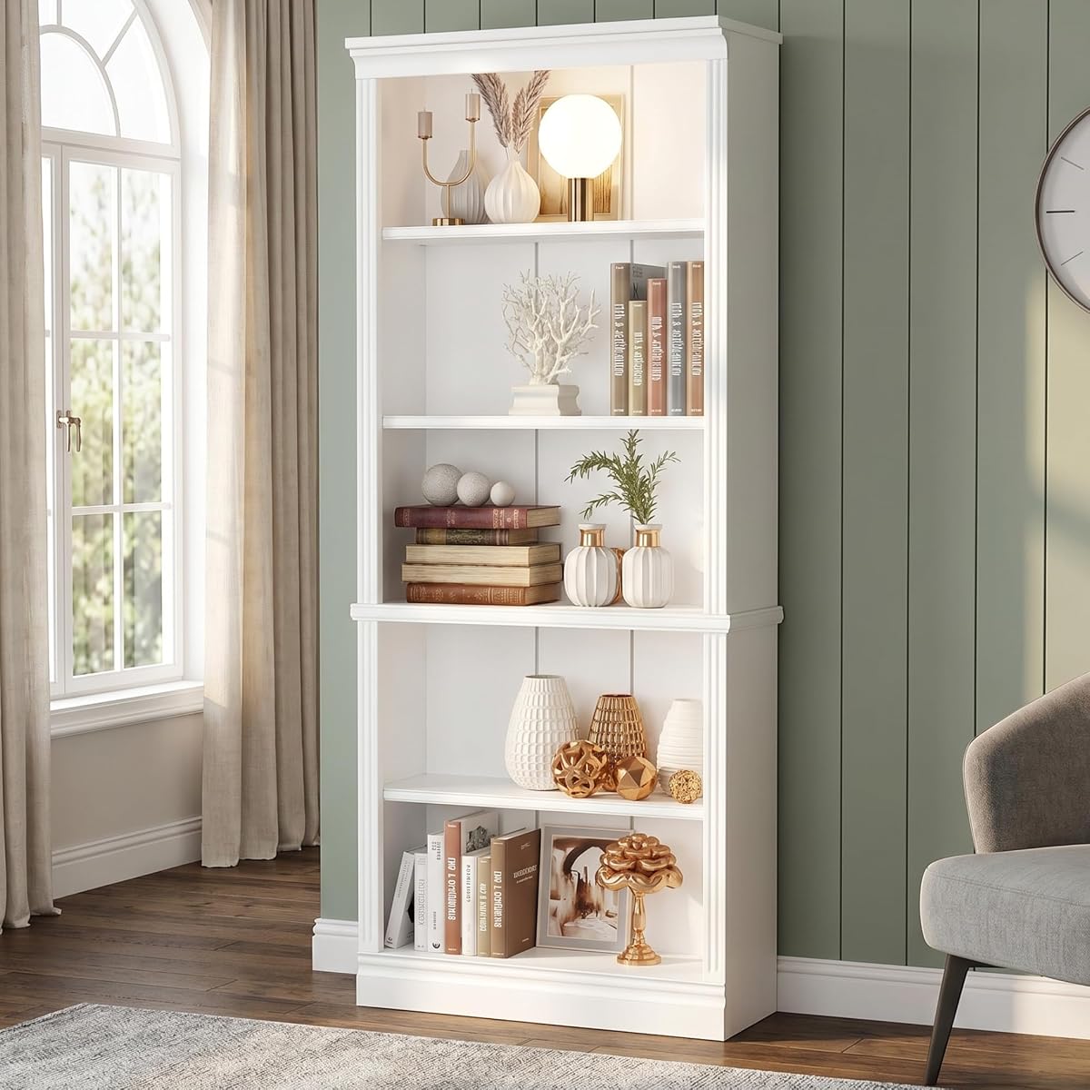 5-Shelf Bookcase, Wooden Standing Rack Book Storage Shelves Furniture Selection for Living Room, Bedroom, Home Office (White)
