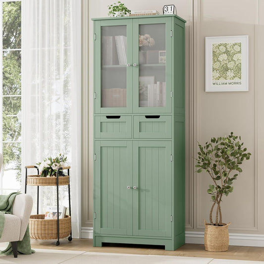 67" Tall Bathroom Storage Cabinet, Freestanding Storage Cabinet with Glass Door and Shelves, Kitchen Pantry Linen Cabinet with 2 Drawers for Bathroom, Living Room, Dining Room, Green