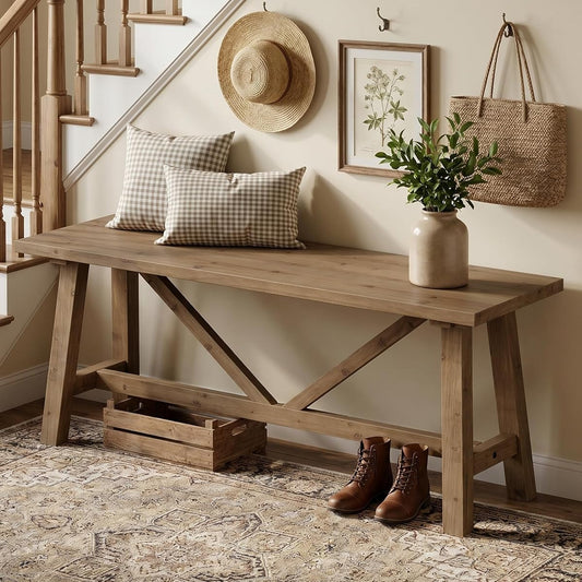 43" Farmhouse Solid Wood Bench, Narrow Long Seat, Natural