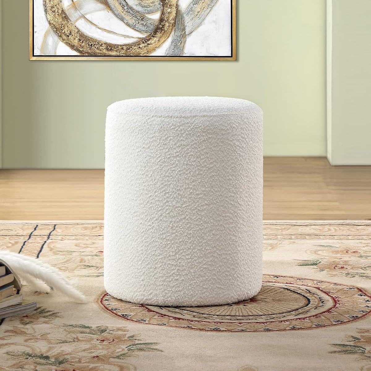Modern Round Ottoman with Soft Padded Seat – Multifunctional Vanity Chair, Upholstered Footrest Stool for Living Room and Bedroom, Furniture & Décor Store (White)