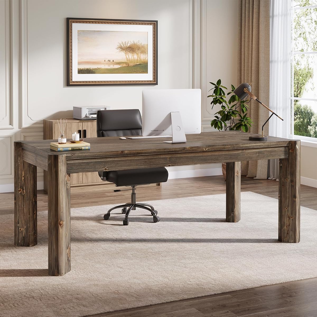 63" Solid Wood Executive Desk, Farmhouse Home Office Computer Desk