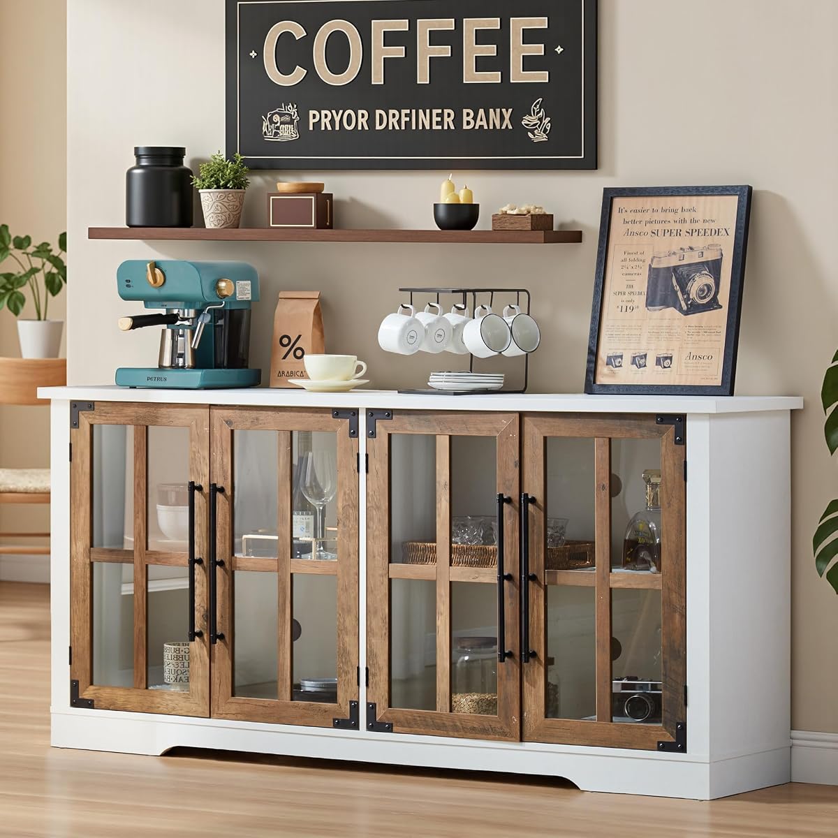 Farmhouse 63" Buffet Sideboard Cabinet with Glass Door, White