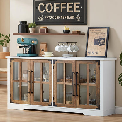 Farmhouse 63" Buffet Sideboard Cabinet with Glass Door, White