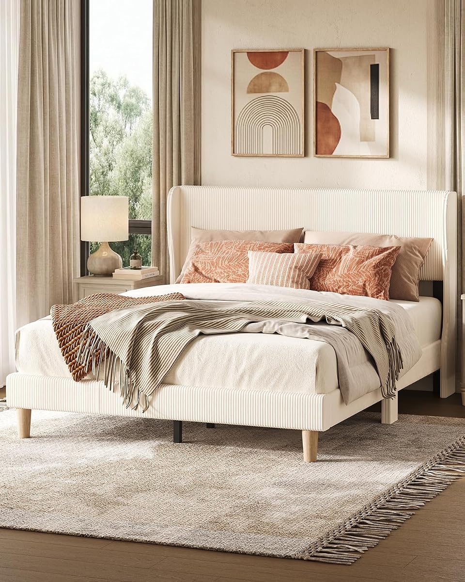 Queen Bed Frame with Wingback Headboard,Upholstered,Beige