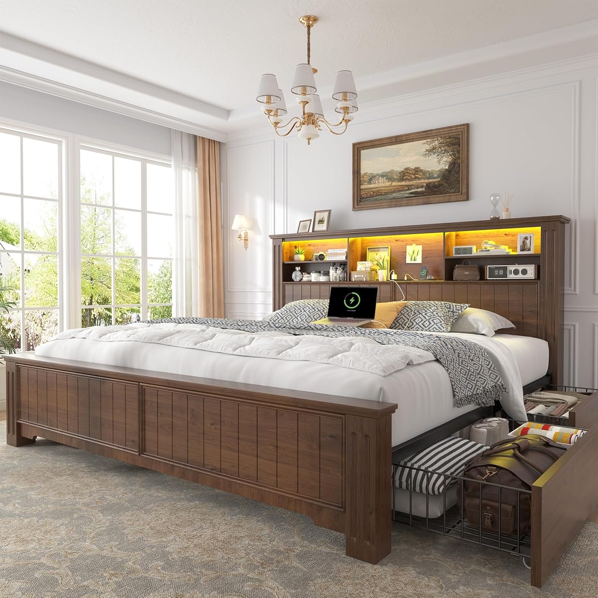 King Size Bed Frame and Headboard & Storage,4 Drawers,Brown