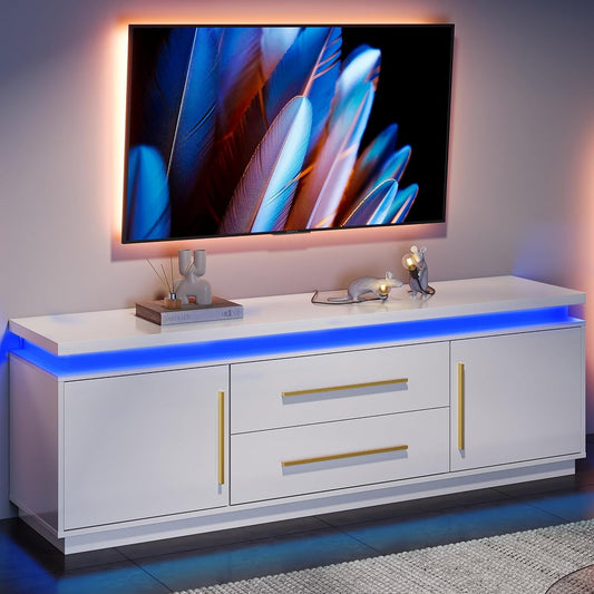 67" TV Stand for TV up to 75", Modern Entertainment Center with LED Lights Change to Melody of Music, Media Console Table with Cabinets and Drawers for Living Room, Bedroom - Studio (White)