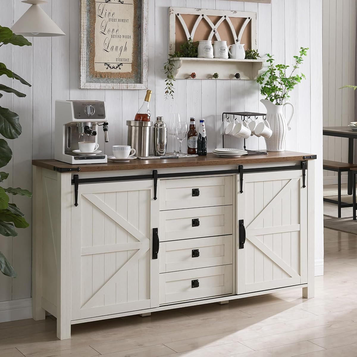 60" Wide Farmhouse Sideboard Buffet Cabinet, Antique White