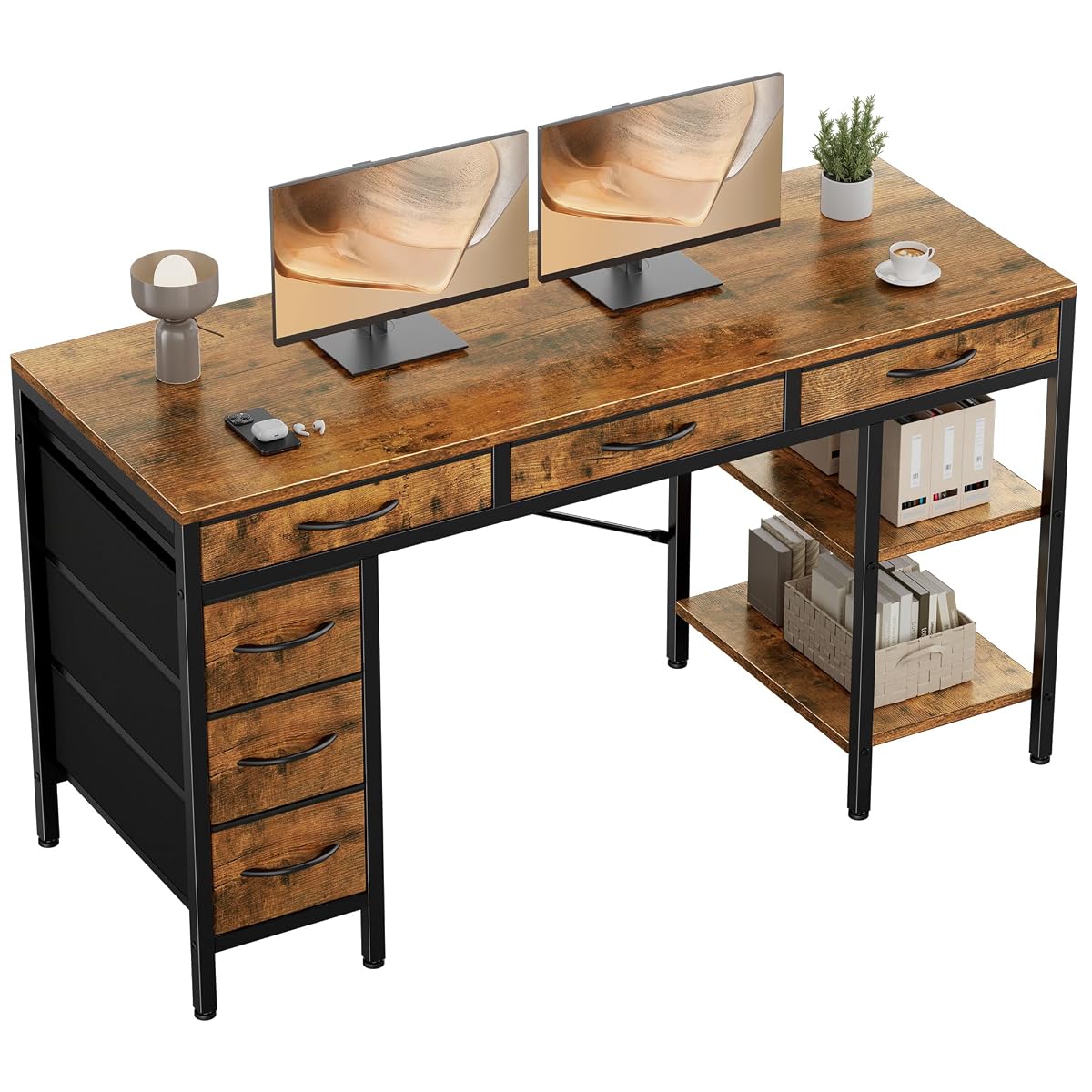 55 Inch Computer Desk with 6 Fabric Drawers, for Home Office Work