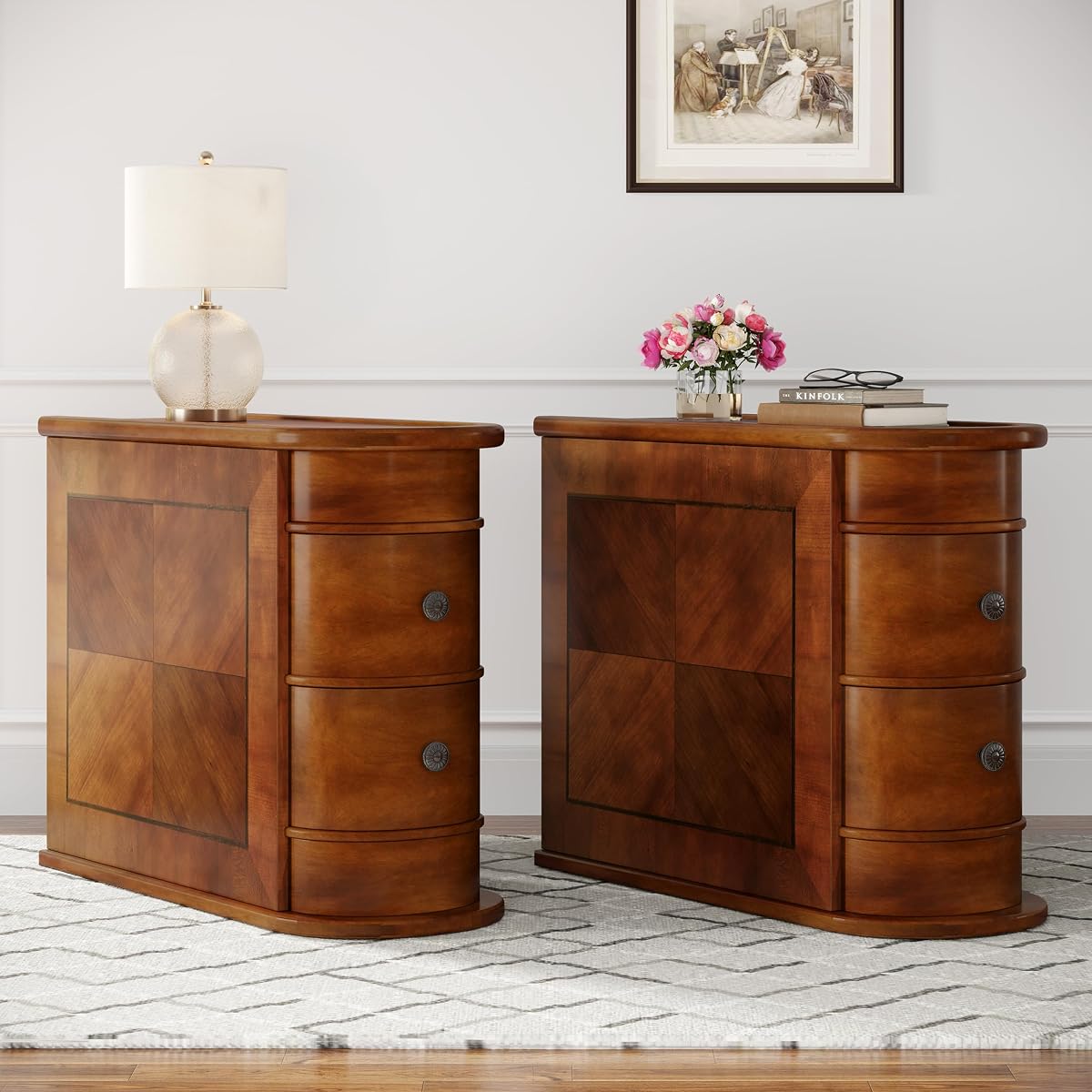 Wood End Table with 2 Drawers, No Assembly Required Narrow Sofa Side Table for Living Room, Vintage Slim Nightstand Bedside Table for Bedroom (2 Drawers, Brown, 2 Pcs)