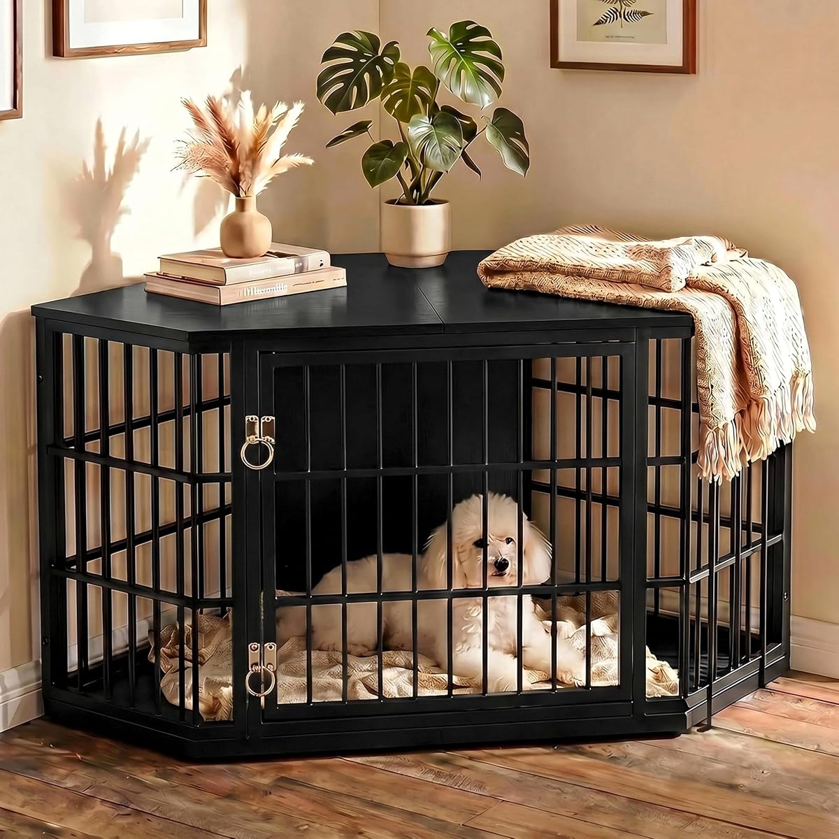 52 Inch Dog Crate Furniture Corner for Large Dogs, Black