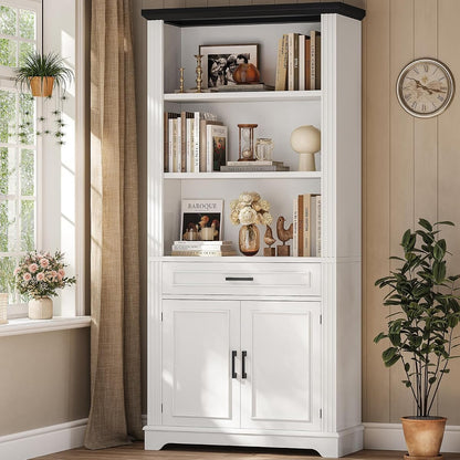 Farmhouse Bookshelves and Bookcases with Doors and Drawer, Bookshelf with Storage, Floor Standing 6 Shelf Display Storage Shelves 70 in Tall Bookshelf for Home Office, Living Room, White