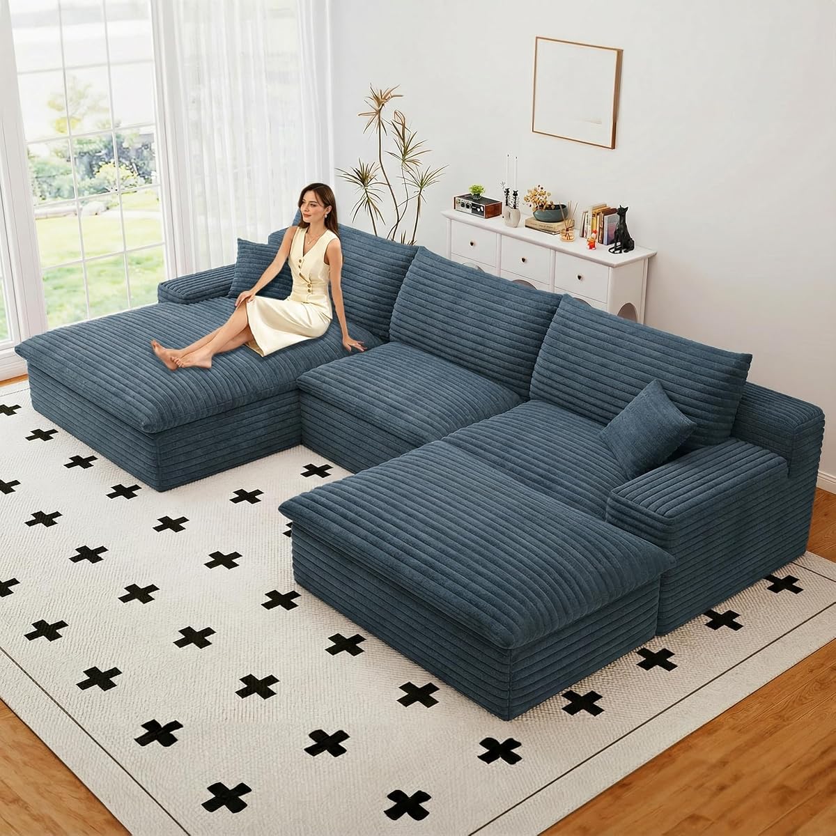 107" Cloud Couch Modular Sectional Sofa for Living Room, U-Shape Boneless Couch with Deep Seat, Modern Corduroy 3-Seater with Ottoman, No Assembly Required (Blue,Left-Facing Chaise)