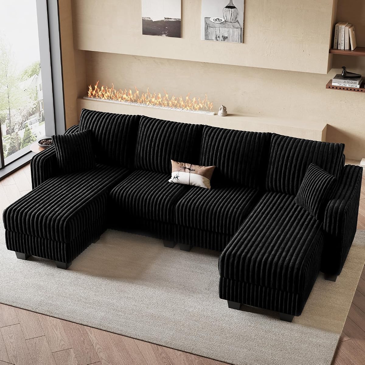 U Shaped Couch with Reversible Chaises Sectional Couches for Living Room Sectional Couch with Ottomans Corduroy (Black, U Shaped)