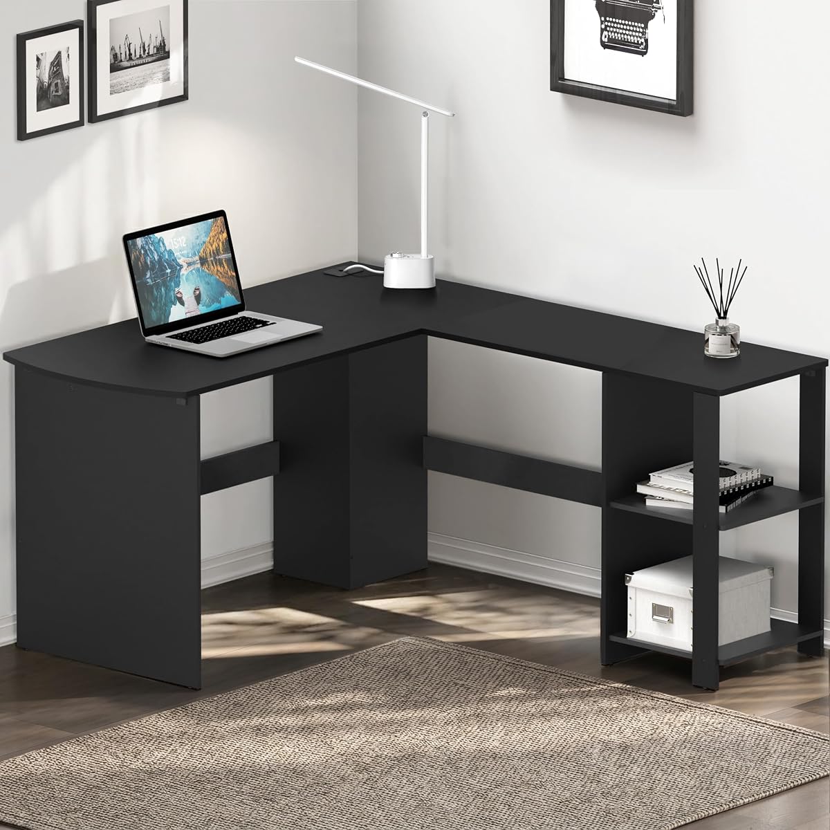 51 x 51 L-Shaped Home Office Wood Corner Desk with Storage, Black