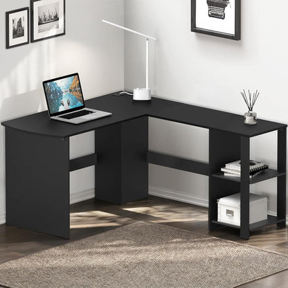 51 x 51 L-Shaped Home Office Wood Corner Desk with Storage, Black