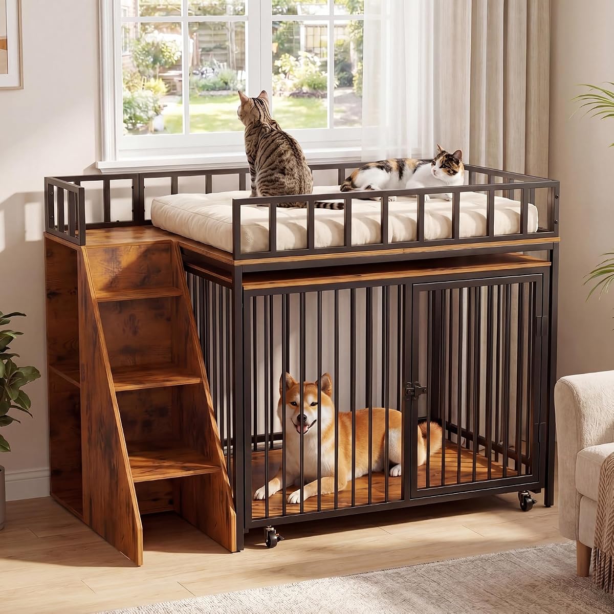 Dog Crate Furniture, Wooden Dog Kennel Indoor w/Storage(Rustic Brown)
