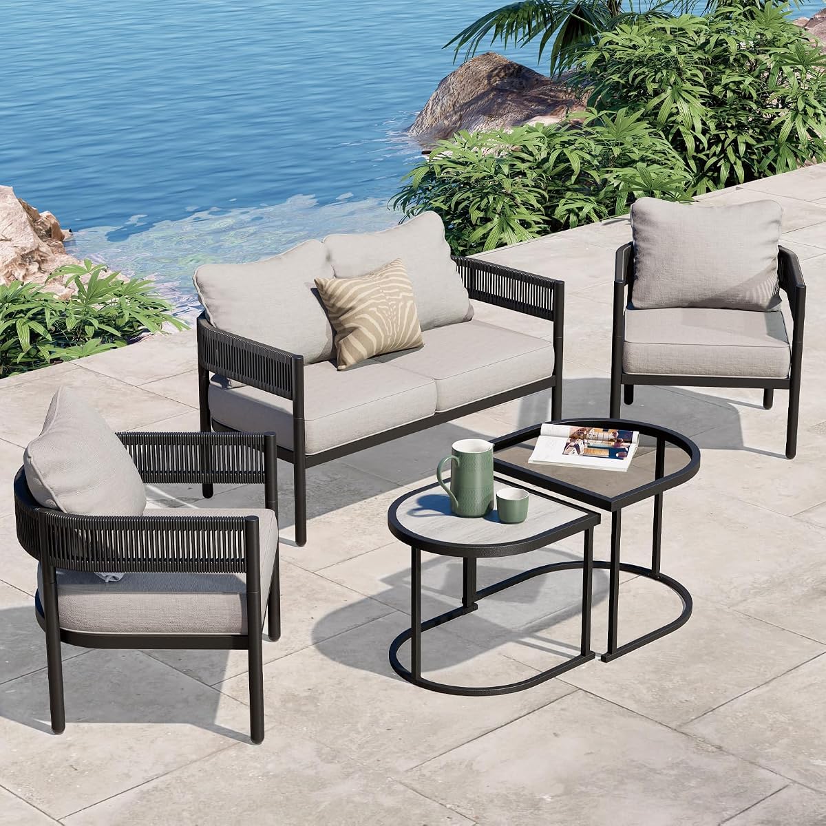 5-Piece Outdoor Furniture Set, 4 Seats Wicker Sofa Conversation Set with Thick Cushions and Coffee Table, for Backyard, Balcony, Garden (Beige)