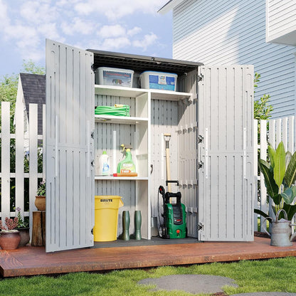 Outdoor Resin Storage Shed with Metal Shelving Kit & Floor, 64 Cu.Ft Vertical Waterproof Storage Cabinet for Garage, Pool, Bike, Garden Tools, Patio Furniture (White)