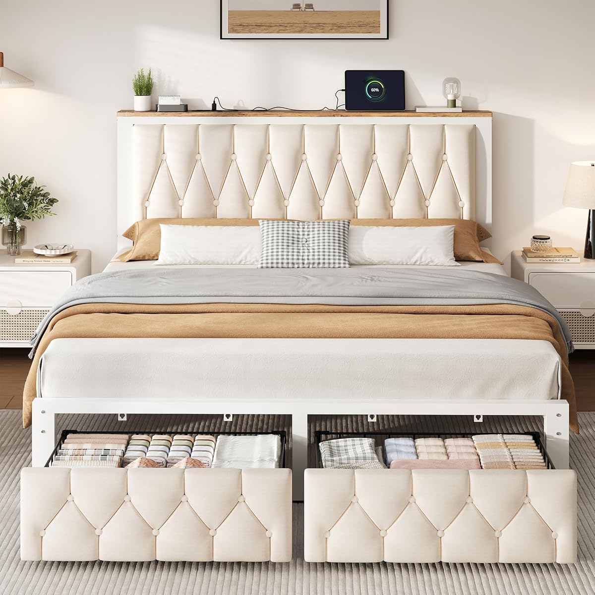 Queen Bed Frame with 2 Storage Drawers