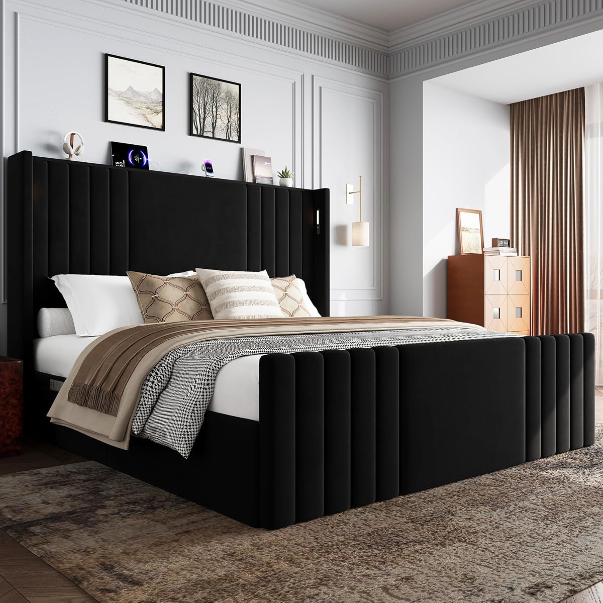 Black Queen Size Platform Bed with Reading Lights
