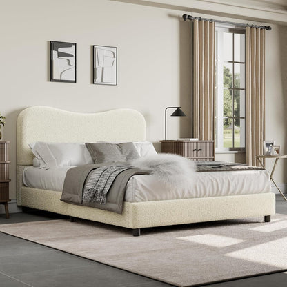 Full Size Bed Frame with Boucle Fabric, Beige