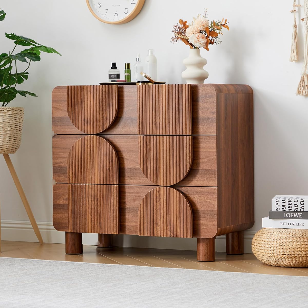 3 Drawer Dresser, Modern Fluted Wood Chest of Drawers, 31.5" Wide Walnut Nightstand with Anti-Tip Device, Curved Storage Cabinet for Bedroom, Living Room, Entryway