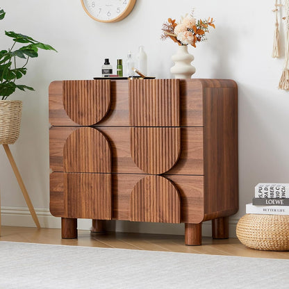 3 Drawer Dresser, Modern Fluted Wood Chest of Drawers, 31.5" Wide Walnut Nightstand with Anti-Tip Device, Curved Storage Cabinet for Bedroom, Living Room, Entryway