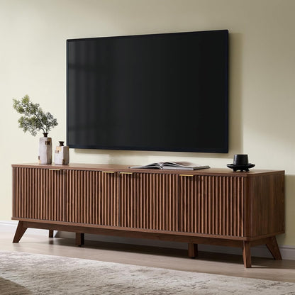 70" Mid Century Modern Fluted TV Stand,4-Door Storage, Light Walnut
