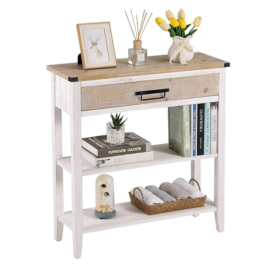 Farmhouse Console Table with Drawer, 3-Tier Rustic Entryway Table with Open Storage Shelves and Handmade Metal Handle, Narrow Foyer Sofa Table for Living Room, Entryway, Hallway (Washed White)
