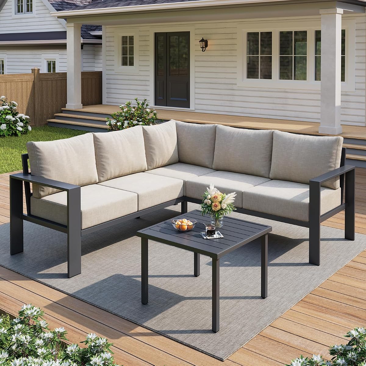 6 Piece Patio Furniture Set, Metal Outdoor Sectional Sofa with 6" Thick Olefin Cushions, Wide Armrest & Coffee Table, L Shaped Outdoor Furniture for Garden, Backyard Beige