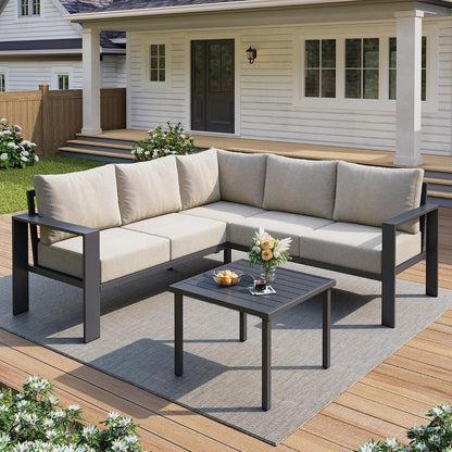 6 Piece Patio Furniture Set, Metal Outdoor Sectional Sofa with 6" Thick Olefin Cushions, Wide Armrest & Coffee Table, L Shaped Outdoor Furniture for Garden, Backyard Beige