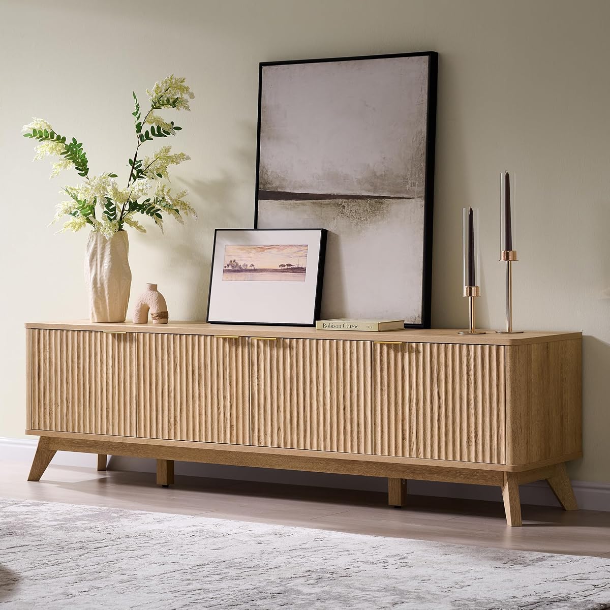 70" Mid Century Modern Fluted TV Stand,4-Door Storage, Natural Oak