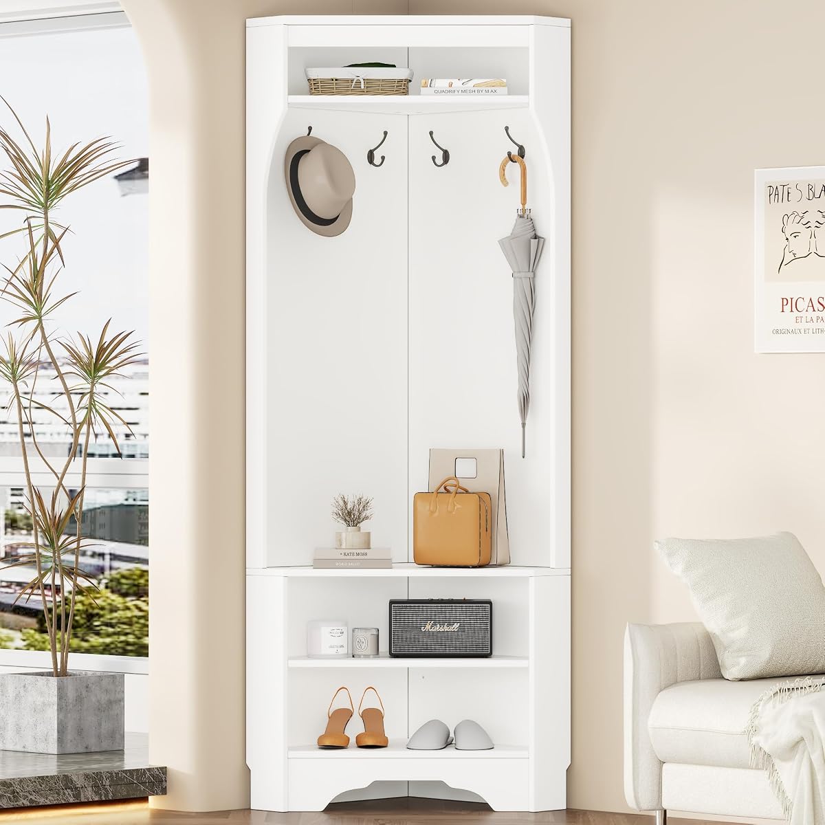 Corner Hall Tree with Shoe Bench, Entryway Coat Rack with 4 Hooks, Corner Cabinet with Adjustable Shelf for Hallway, Living Room, White, 29.5''W*71.6''H