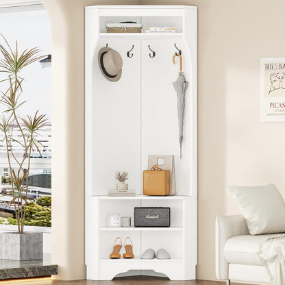 Corner Hall Tree with Shoe Bench, Entryway Coat Rack with 4 Hooks, Corner Cabinet with Adjustable Shelf for Hallway, Living Room, White, 29.5''W*71.6''H