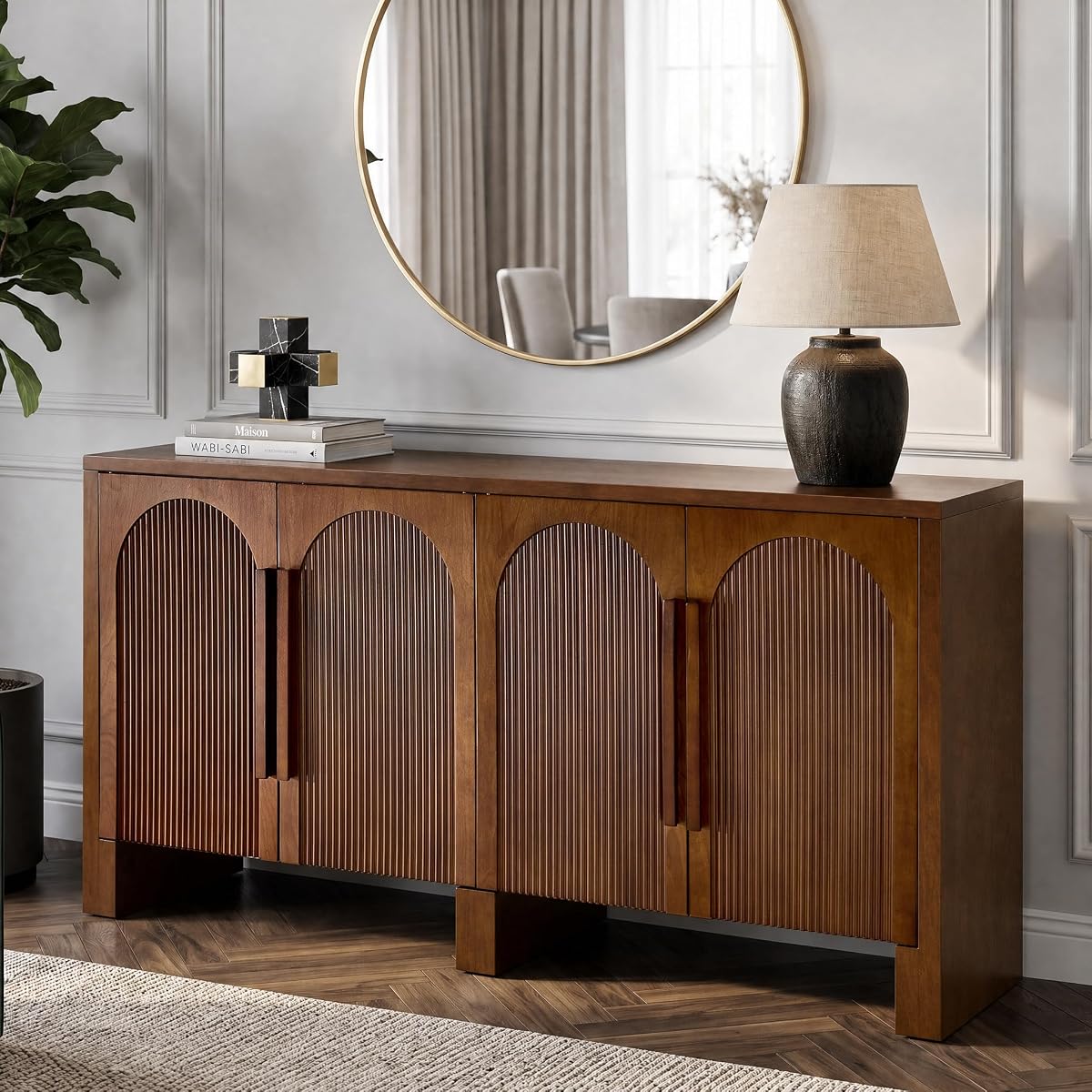 60"Buffet Cabinet with Storage,Solid Wood Fluted Arched Sideboard Cabinet