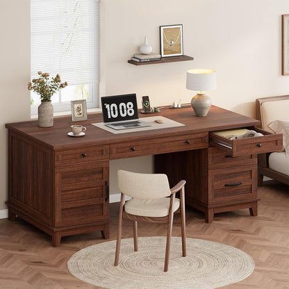 60" Wooden Home Office Desk with File Drawers