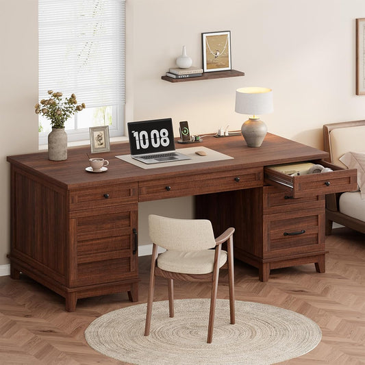 60" Wooden Home Office Desk with File Drawers