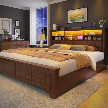King Bed Frame with 4 Storage Drawers and Headboard Shelf,Brown